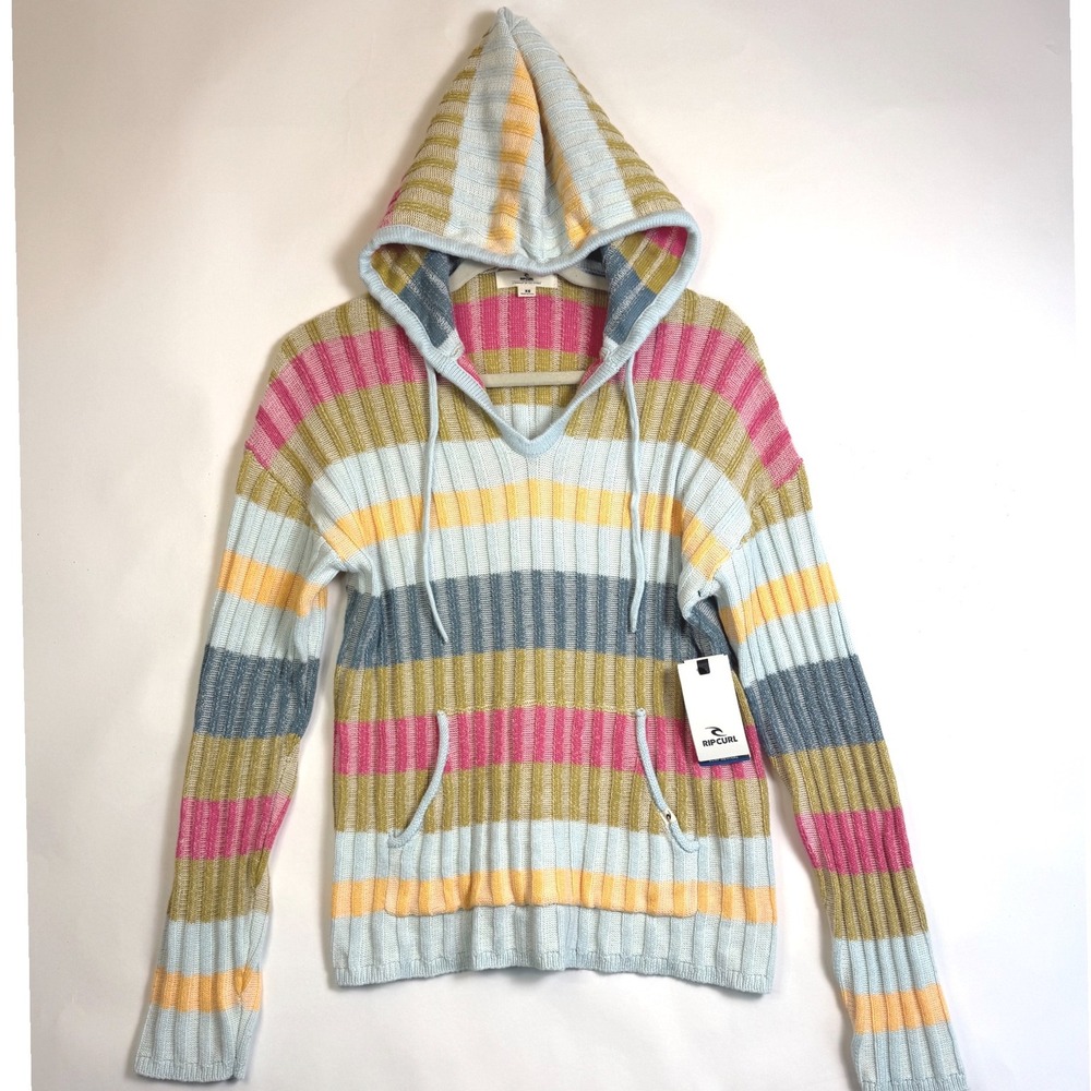 Rip Curl Surf Revival Striped Knit Hoodie Multi Color‎ V-Neck Sweater Womens XS